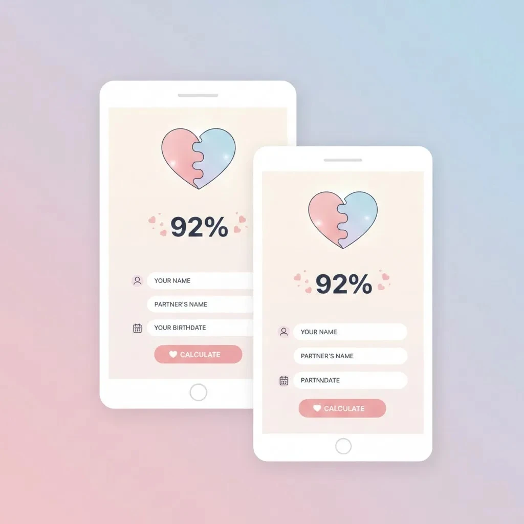 Love compatibility calculator showing 92% match score with heart illustration on mobile screen