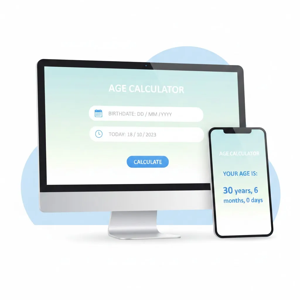 Free online age calculator showing date of birth input and exact age result on screen view