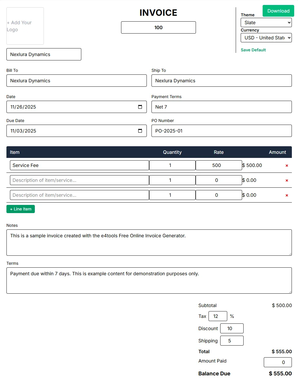 Screenshot of free online invoice generator showing logo upload, items, taxes, totals, and PDF