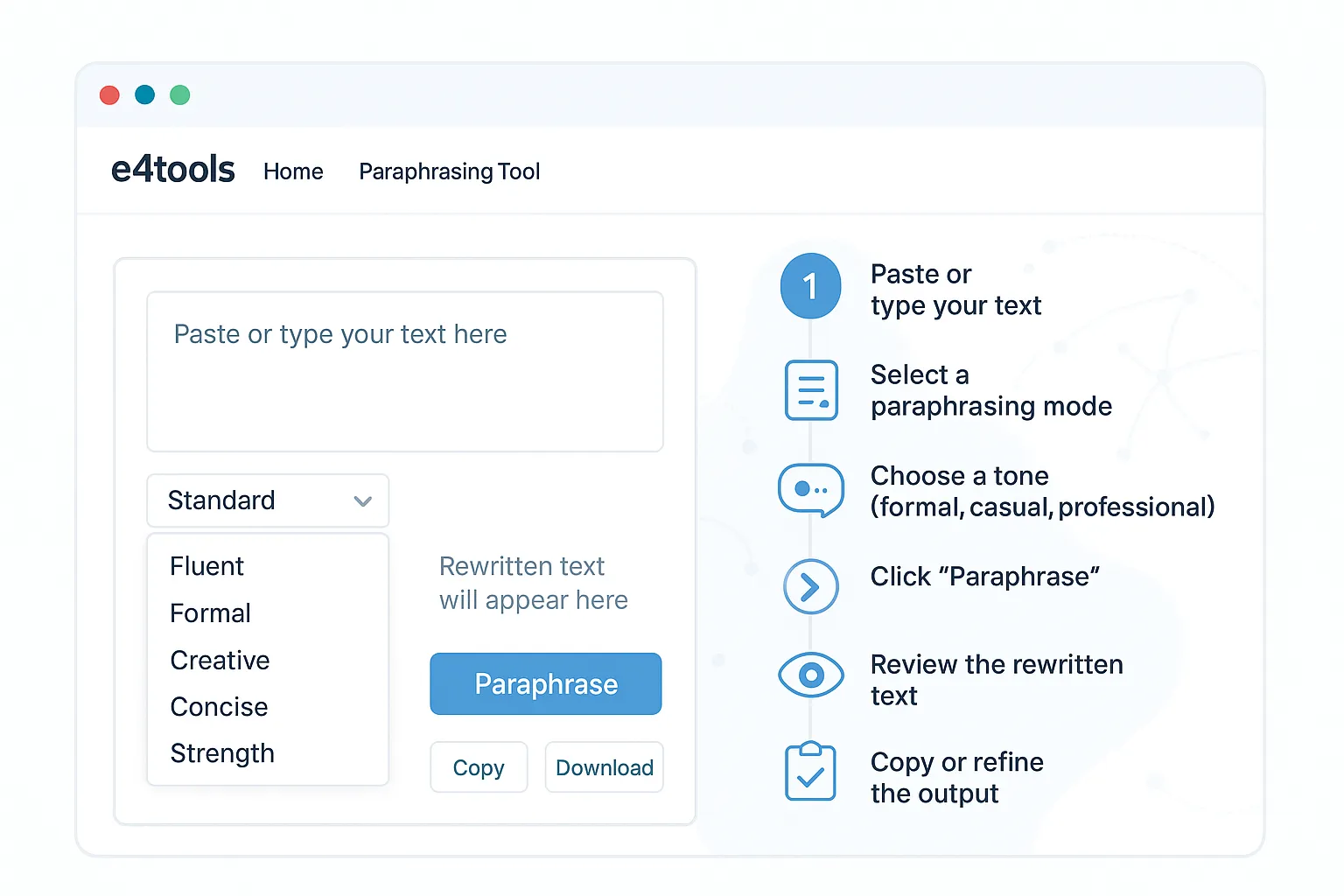 Screenshot of free online paraphrasing tool showing text input box, modes, tone, and rewrite button