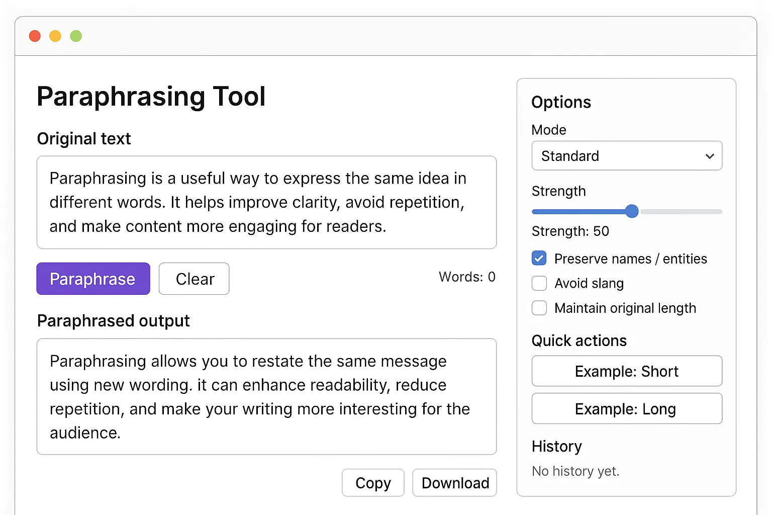 Screenshot of AI paraphrasing tool showing original text, rewritten output, strength control, and options