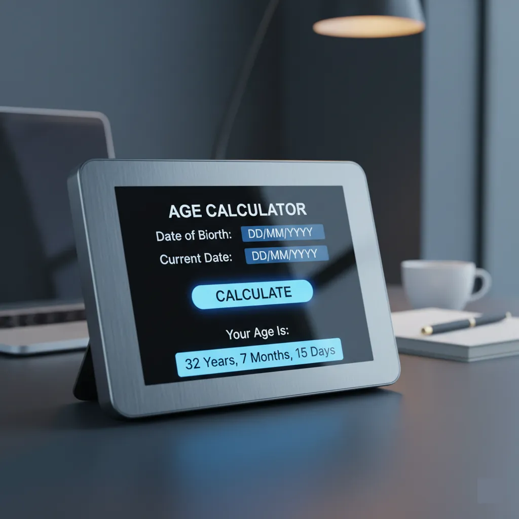 Illustration of an online age calculator showing date of birth input and age result in years months and days