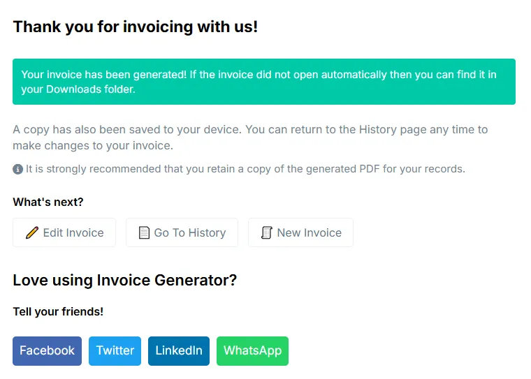 Invoice generated confirmation screen showing download message, edit invoice, and history options