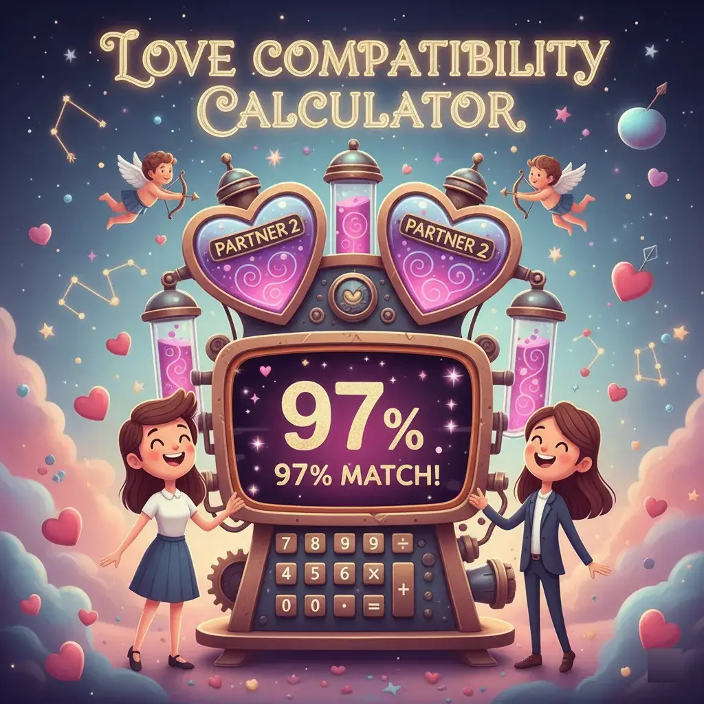Love compatibility calculator showing 97% match with couple and hearts